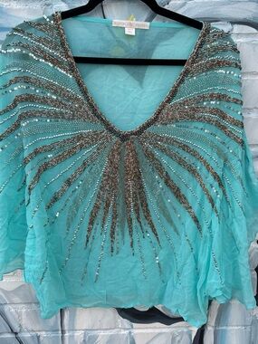 Boston Proper Turquoise Beaded V-Neck Tunic Top
